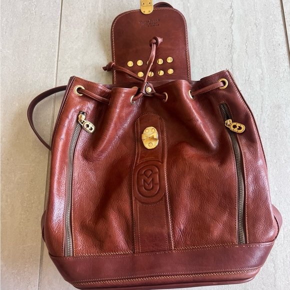 Marino Orlandi Cognac Leather Drawstring Bucket Sling Bag Backpack - Picture 4 of 16